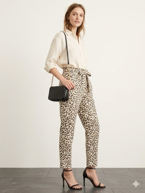 J. Crew Pants - J. Crew Leopard Print Linen-Blend Paperbag Pants Cream & Brown